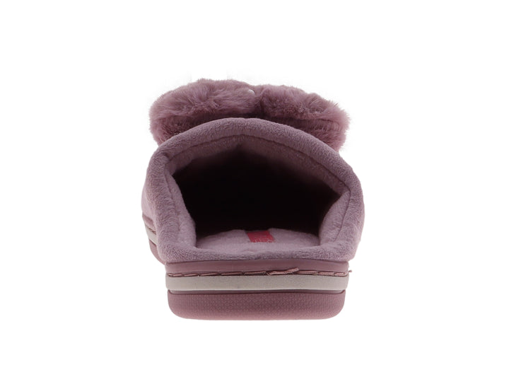 Pantufla morada de textura suave con detalle de peluche, moño y perlas decorativas.