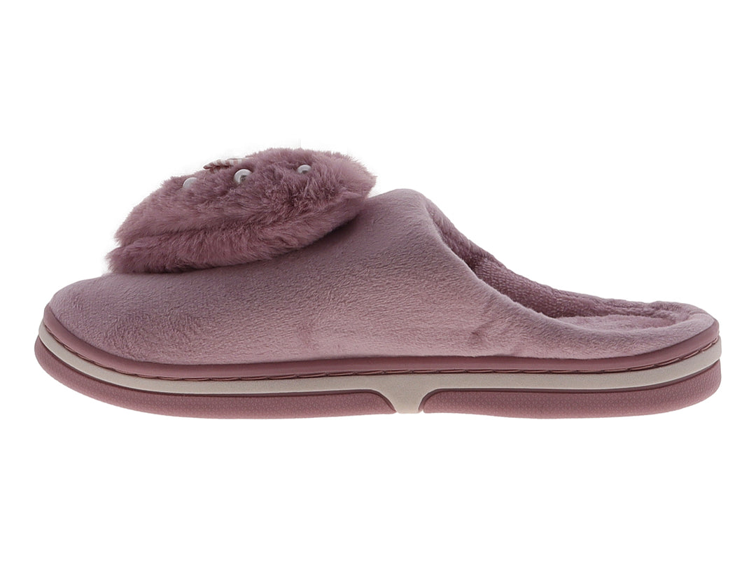 Pantufla morada de textura suave con detalle de peluche, moño y perlas decorativas.