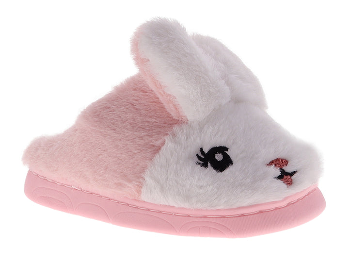 Pantuflas de peluche rosa y blanco con diseño de conejo.