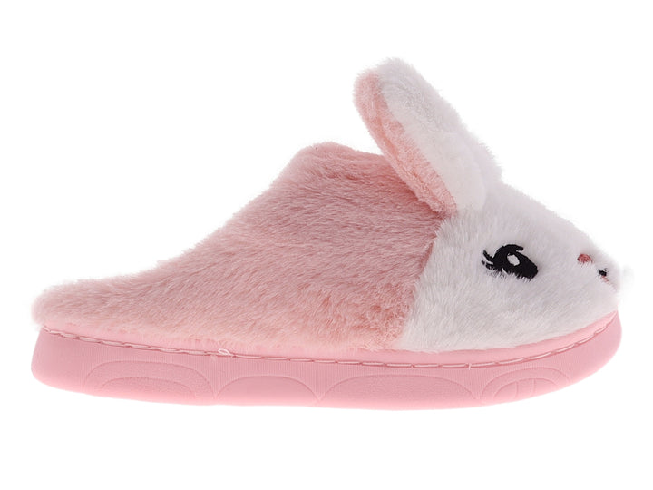 Pantuflas de peluche rosa y blanco con diseño de conejo.