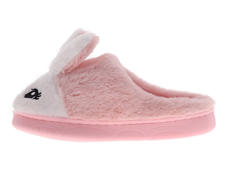 Pantuflas de peluche rosa y blanco con diseño de conejo.
