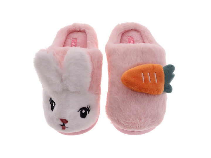 Pantuflas de peluche rosa y blanco con diseño de conejo.
