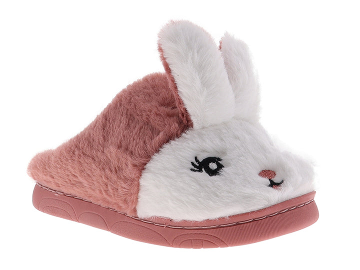 Pantuflas de peluche con diseño de conejo en colores rosa fiusha y blanco.