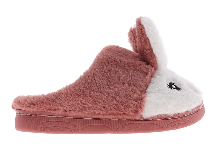 Pantuflas de peluche con diseño de conejo en colores rosa fiusha y blanco.