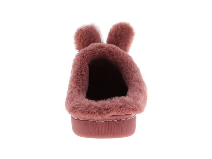 Pantuflas de peluche con diseño de conejo en colores rosa fiusha y blanco.