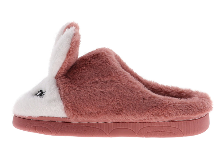 Pantuflas de peluche con diseño de conejo en colores rosa fiusha y blanco.
