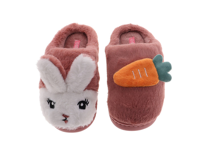 Pantuflas de peluche con diseño de conejo en colores rosa fiusha y blanco.