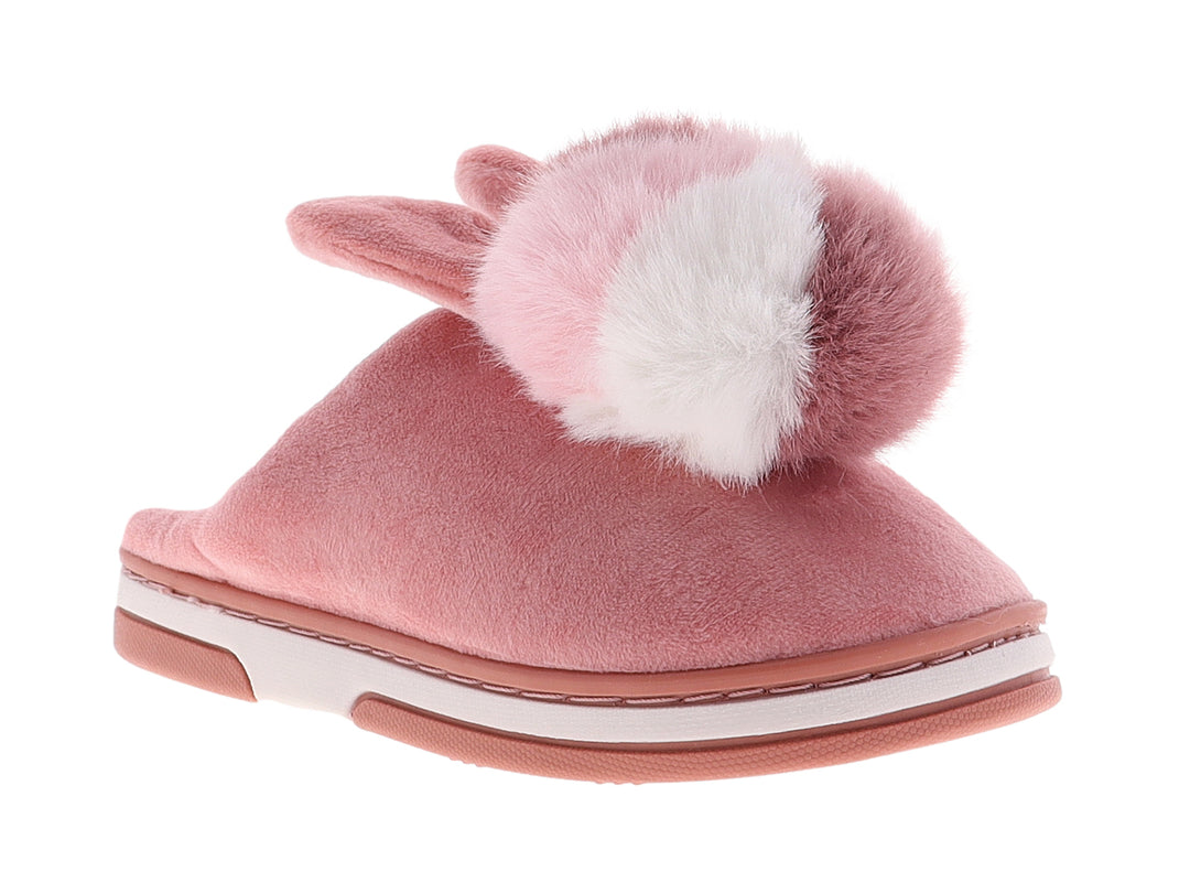 Pantufla rosa de peluche con pompon y orejas decorativas.