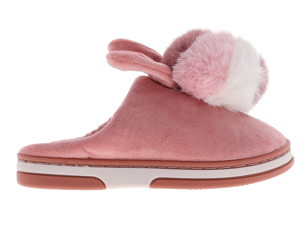 Pantufla rosa de peluche con pompon y orejas decorativas.