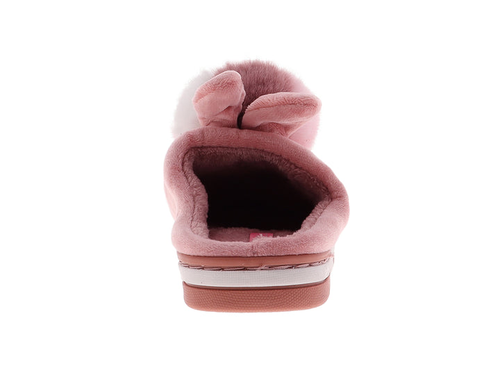 Pantufla rosa de peluche con pompon y orejas decorativas.