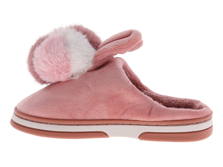 Pantufla rosa de peluche con pompon y orejas decorativas.