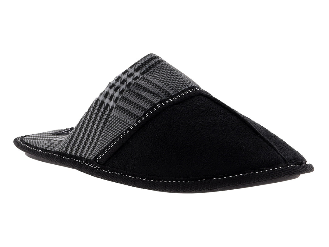 Pantufla en colores negro y gris con detalles de costuras blancas.