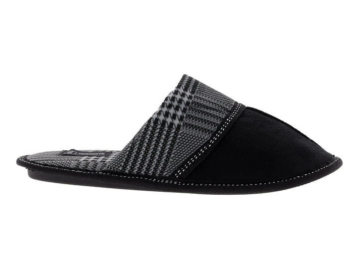 Pantufla en colores negro y gris con detalles de costuras blancas.