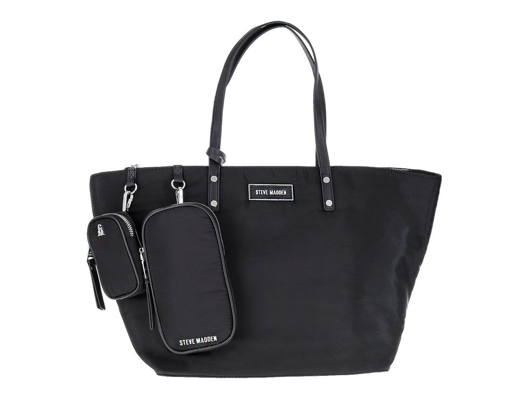Bolso tote negro Steve Madden con dos estuches pequeños integrados y asas largas.