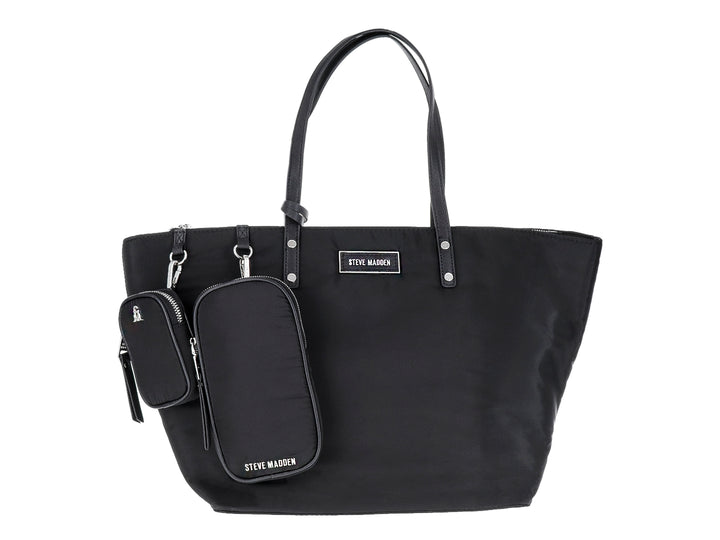 Bolso tote negro Steve Madden con dos estuches pequeños integrados y asas largas.