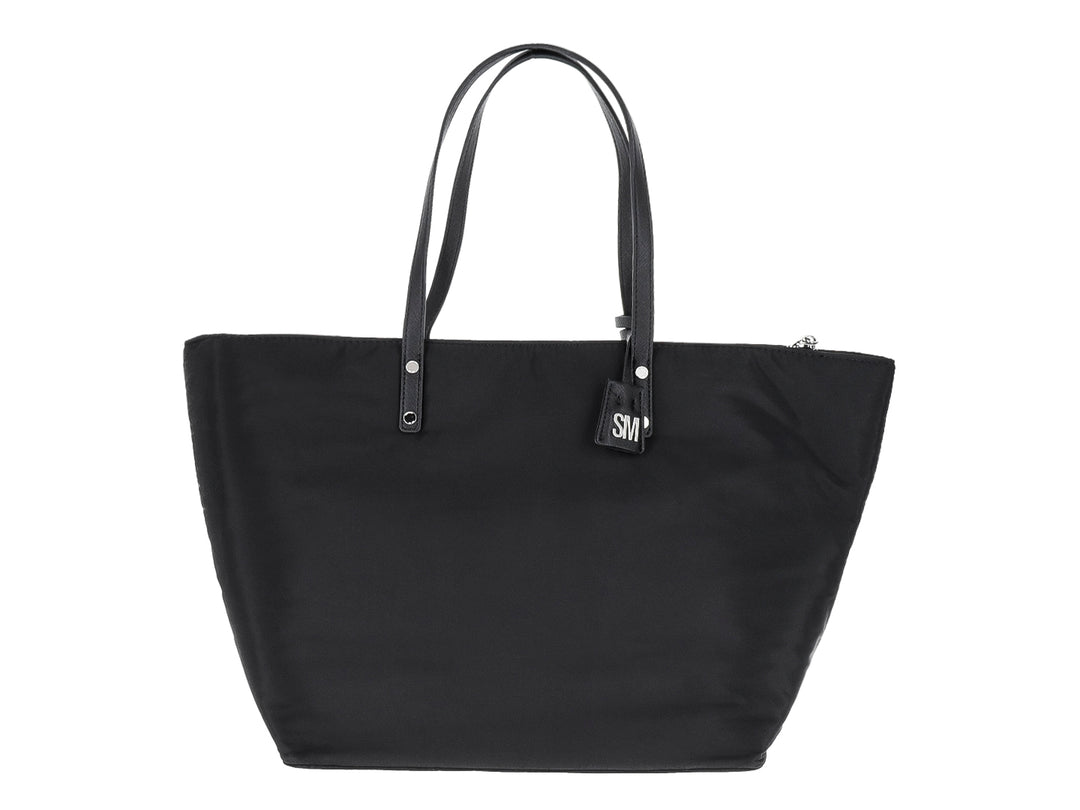 Bolso tote negro Steve Madden con dos estuches pequeños integrados y asas largas.