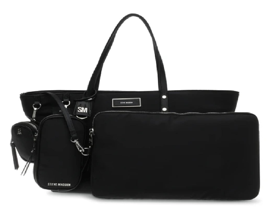 Bolso tote negro Steve Madden con dos estuches pequeños integrados y asas largas.