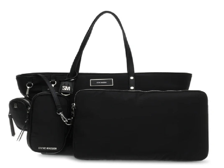 Bolso tote negro Steve Madden con dos estuches pequeños integrados y asas largas.