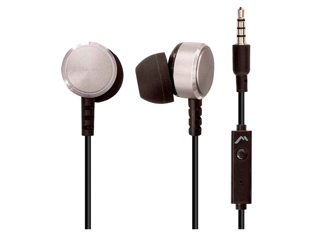 Audífonos in-ear Kaiser Mitzu con acabado metálico plateado y cable negro con control integrado.