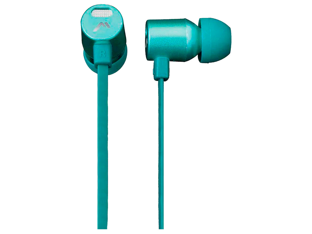 Audífonos intraurales Kaiser Mitzu color verde metálico con cable plano sobre fondo blanco.
