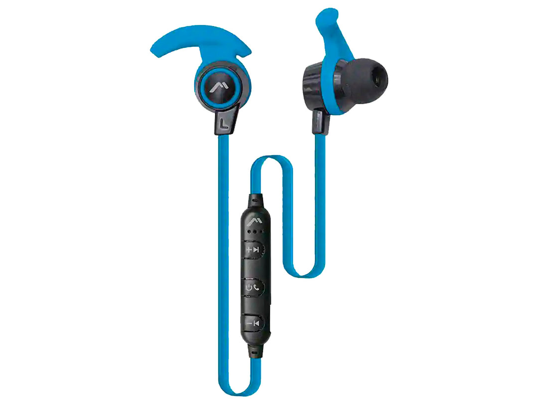 Audífonos deportivos in-ear color azul con sujetadores y control remoto integrado.