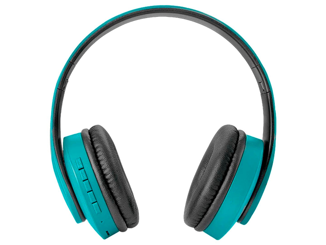 Audífonos de diadema color verde con almohadillas negras y controles laterales.