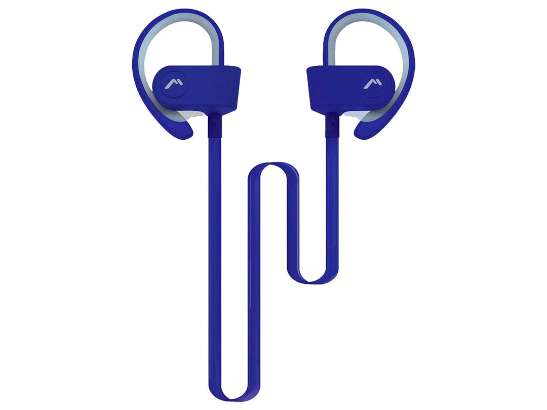 Audífonos deportivos color azul con ganchos para oreja y cable flexible.
