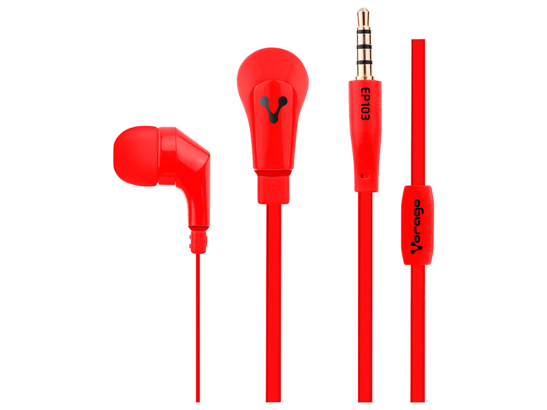 Audífonos Vorago EP103 de color rojo brillante con conector 3.5mm y diseño intraural.