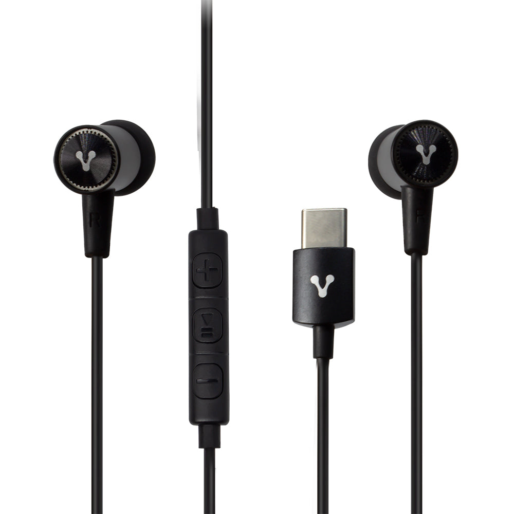 Audífonos Vorago color negro con micrófono, control de volumen integrado y conector USB tipo C.