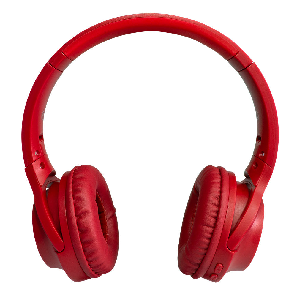 Audífonos de diadema color rojo con almohadillas sintéticas y diseño plegable sobre fondo blanco.