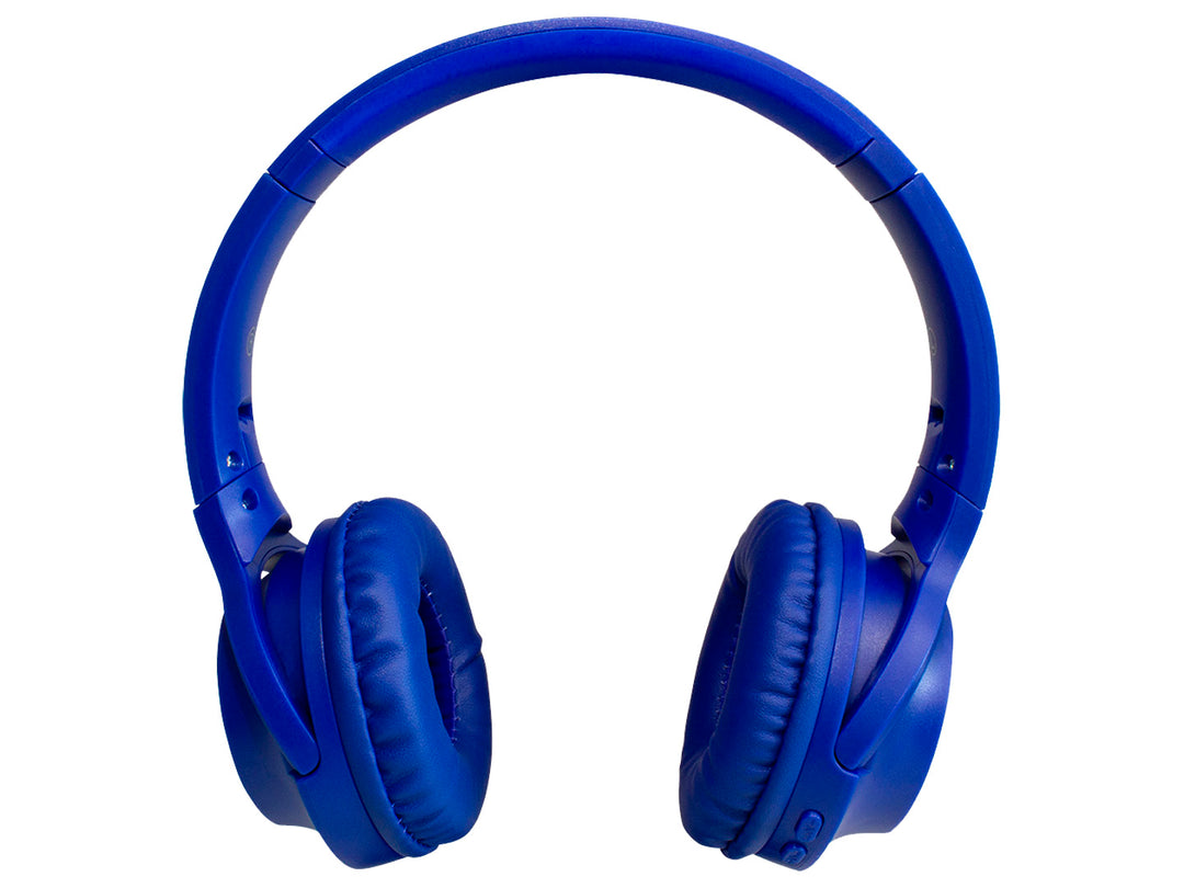 Audífonos de diadema color azul con almohadillas acolchadas y diseño plegable sobre fondo blanco.