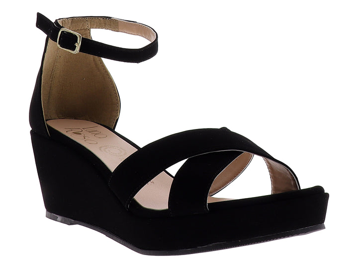 Sandalia de plataforma color negro con tiras cruzadas y correa ajustable al tobillo para mujer.