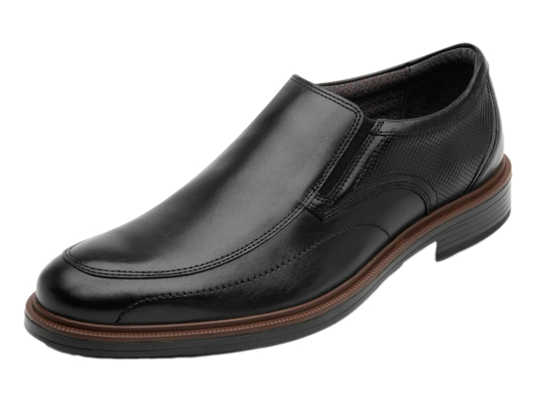 Zapato negro de cuero estilo slip-on para hombre con suela negra y detalle marrón.