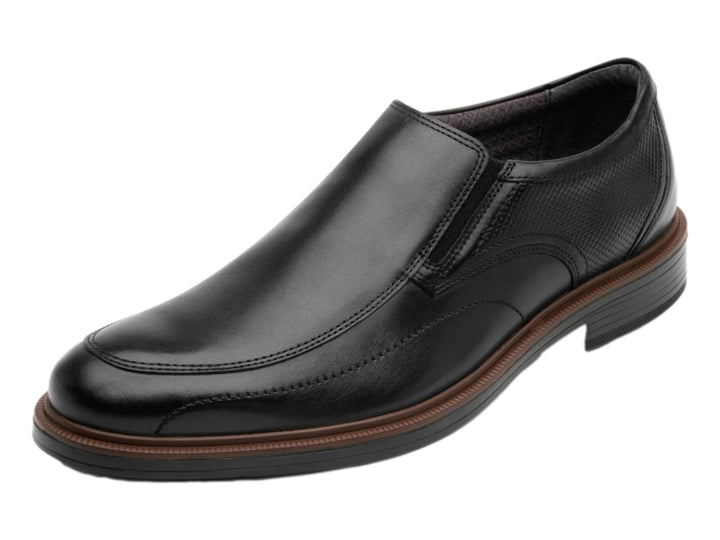Zapato negro de cuero estilo slip-on para hombre con suela negra y detalle marrón.