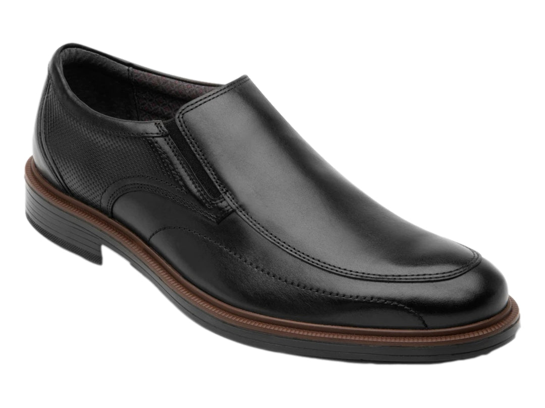 Zapato negro de cuero estilo slip-on para hombre con suela negra y detalle marrón.