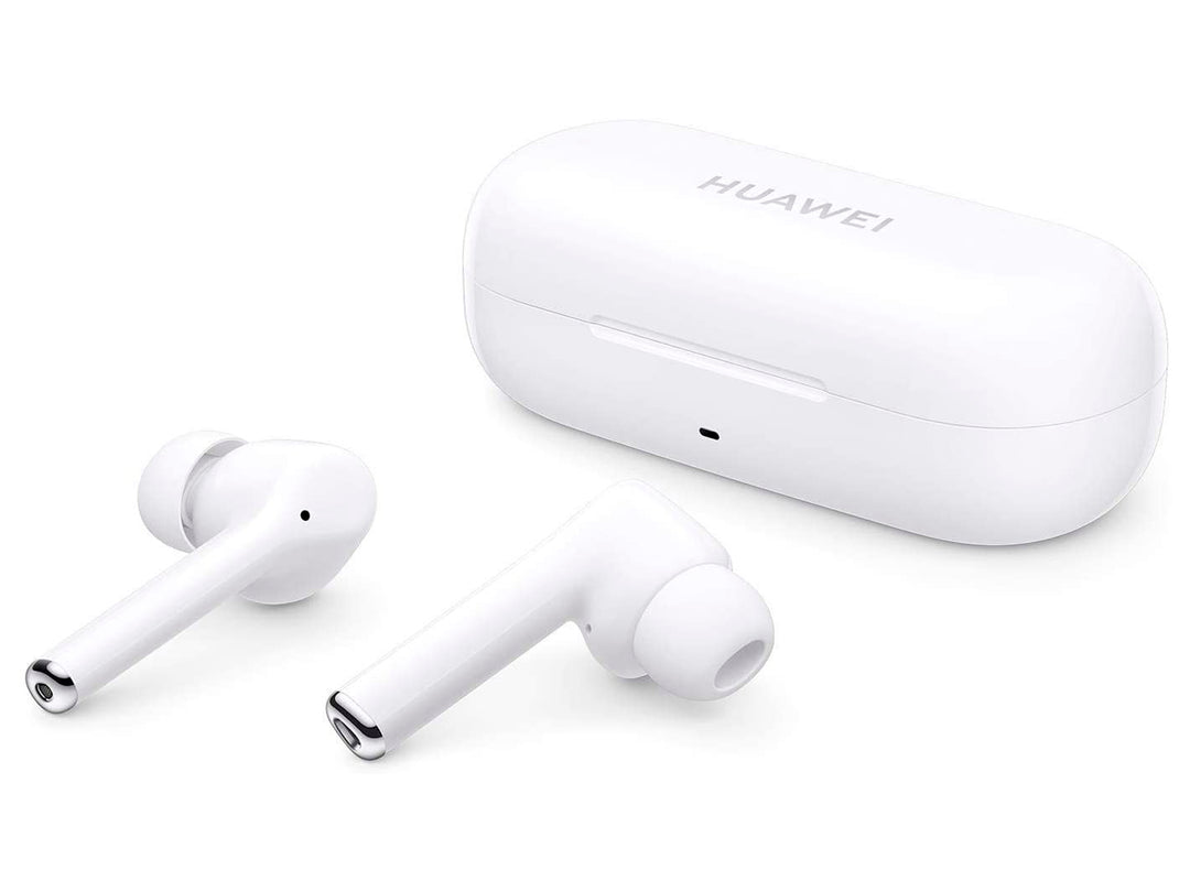 Audífonos inalámbricos Huawei FreeBuds en color blanco con su estuche de carga sobre fondo blanco.