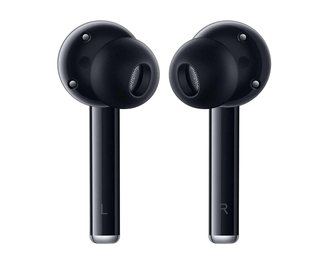 Par de audífonos inalámbricos Huawei FreeBuds en color negro con acabado brillante sobre fondo blanco.
