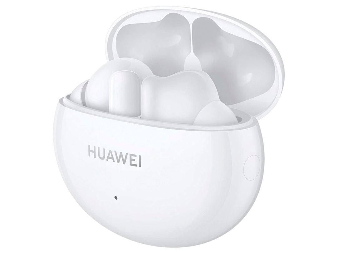 Audífonos inalámbricos Huawei FreeBuds blancos dentro de su estuche de carga abierto.
