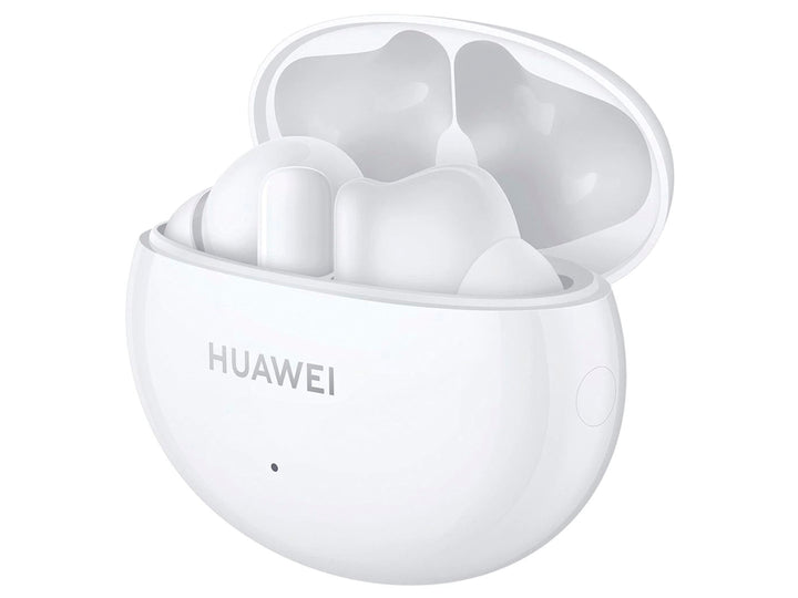 Audífonos inalámbricos Huawei FreeBuds blancos dentro de su estuche de carga abierto.