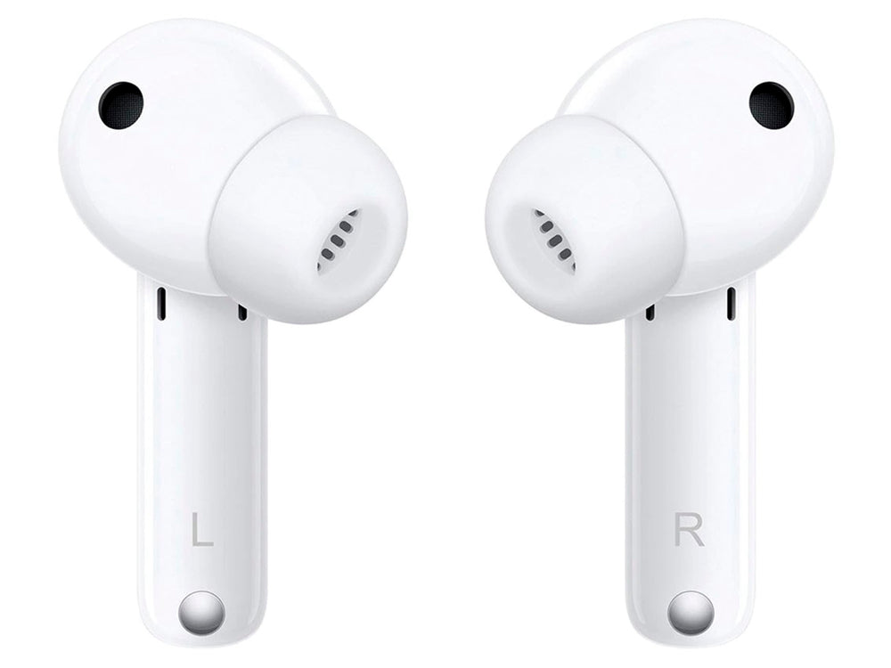 Audífonos inalámbricos Huawei FreeBuds blancos dentro de su estuche de carga abierto.