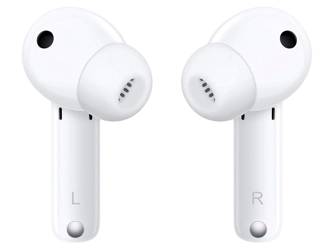 Audífonos inalámbricos Huawei FreeBuds blancos dentro de su estuche de carga abierto.