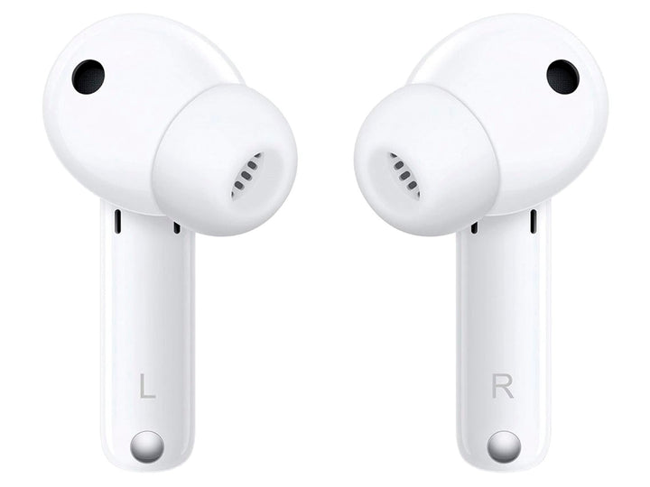 Audífonos inalámbricos Huawei FreeBuds blancos dentro de su estuche de carga abierto.