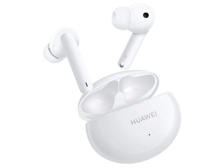 Audífonos inalámbricos Huawei FreeBuds blancos dentro de su estuche de carga abierto.