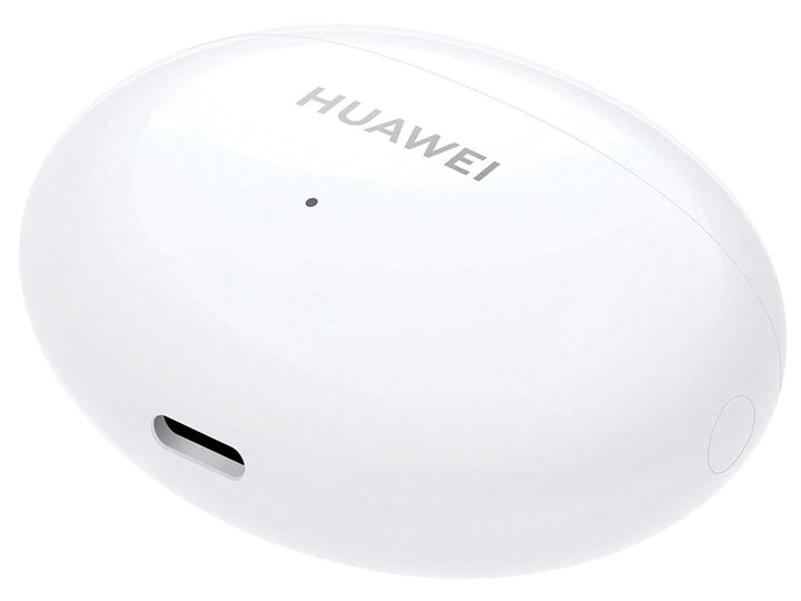 Audífonos inalámbricos Huawei FreeBuds blancos dentro de su estuche de carga abierto.