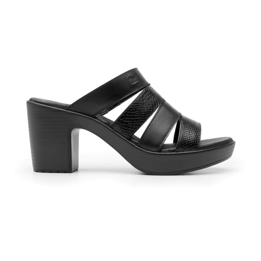 Sandalia negra para mujer Flexi con tacón bloque y tiras con textura de piel de serpiente.