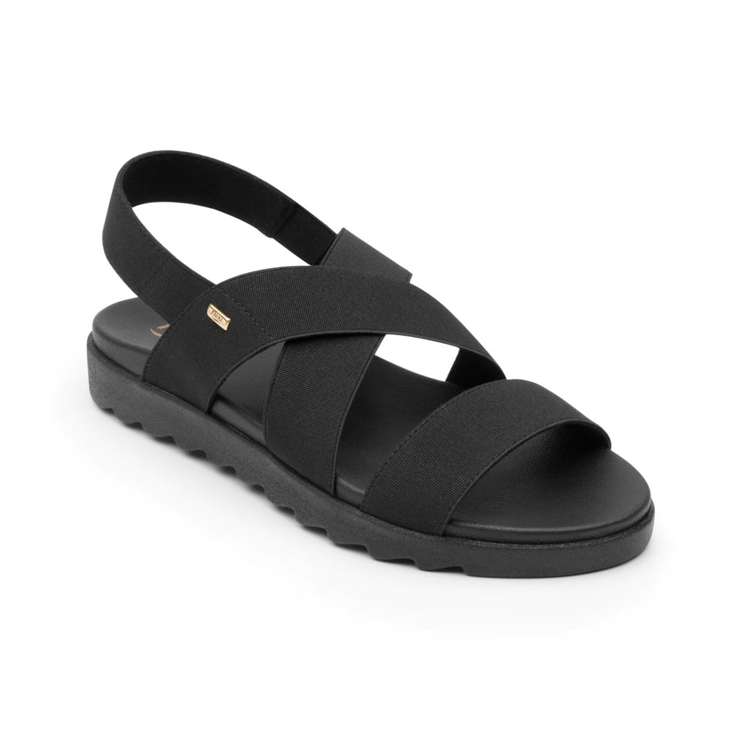 Sandalia negra de la marca Flexi con correas elásticas cruzadas y suela cómoda.