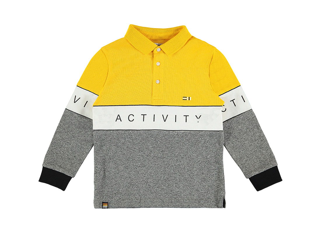Playera polo manga larga para niño en colores amarillo y gris con franja blanca y texto ACTIVITY.