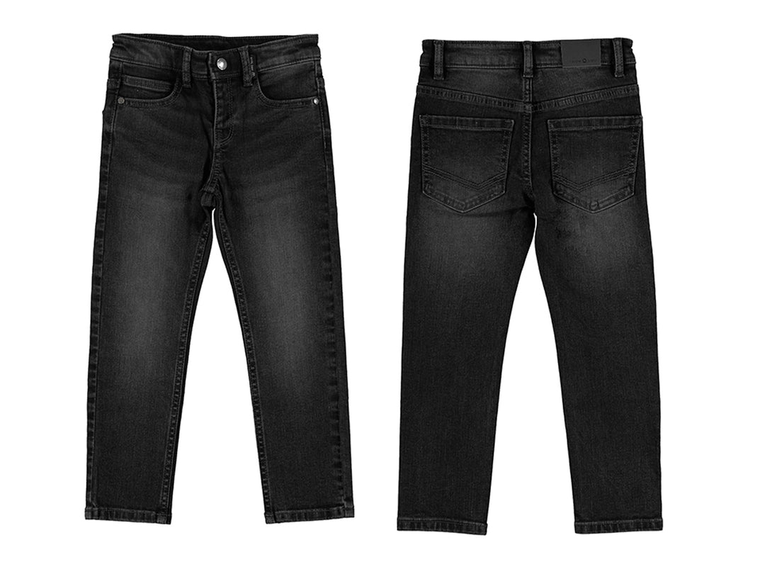 Pantalones de mezclilla color negro para niño, vista frontal y posterior.