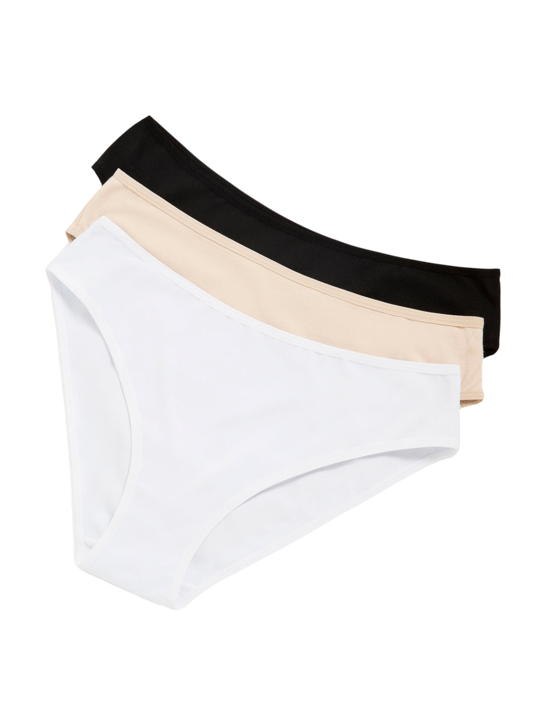 Set de tres panties básicos para mujer en colores blanco, beige y negro.