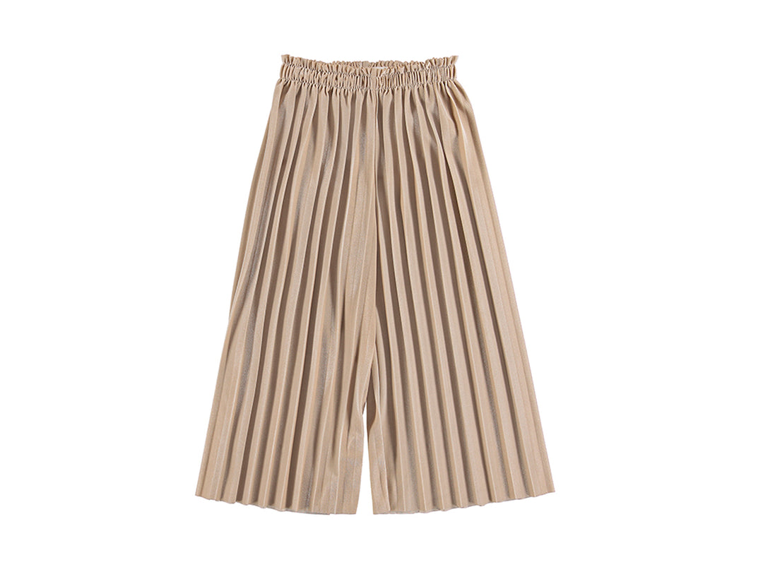 Pantalón ancho plisado de color beige con cintura elástica.